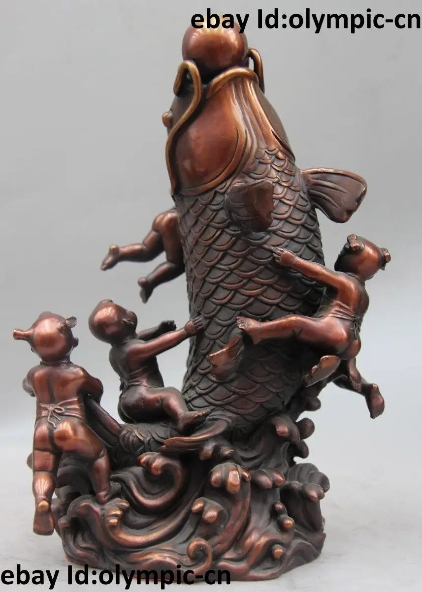 

China Bronze Copper Feng Shui Mascot Boy Play dragon Fish Carp Statue Sculpture (D0426)
