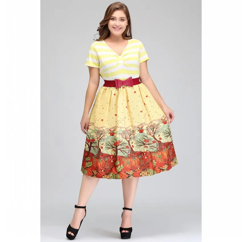 Женское ретро платье 50s 60s Винтаж рокабилли Свинг feminino vestidos размера плюс 3XL 4XL с коротким рукавом полосатое Платье с принтом