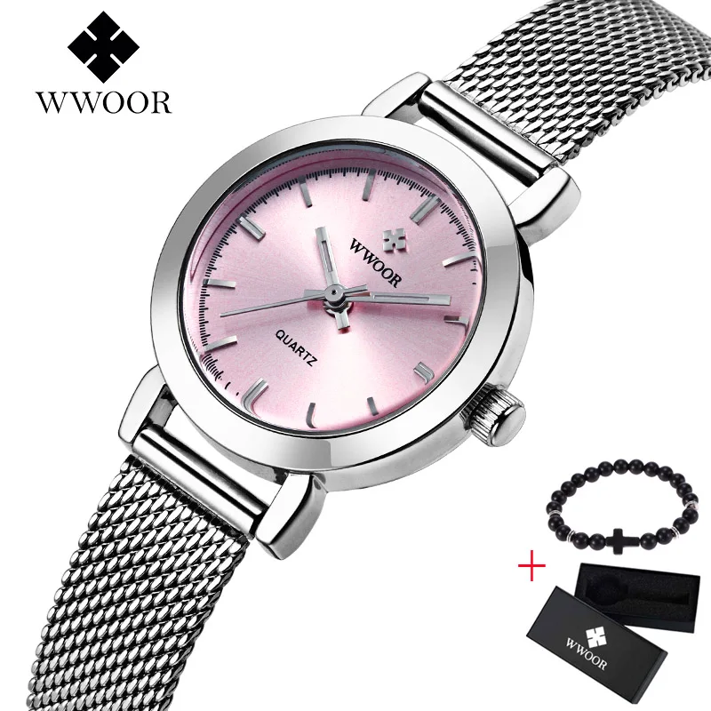 WWOOR, женские часы, люксовый бренд, женские кварцевые часы, нержавеющая сталь, сетка, ремешок, Повседневный, бесплатный Браслет, Подарочная коробка, наручные часы, reloj - Цвет: Розовый