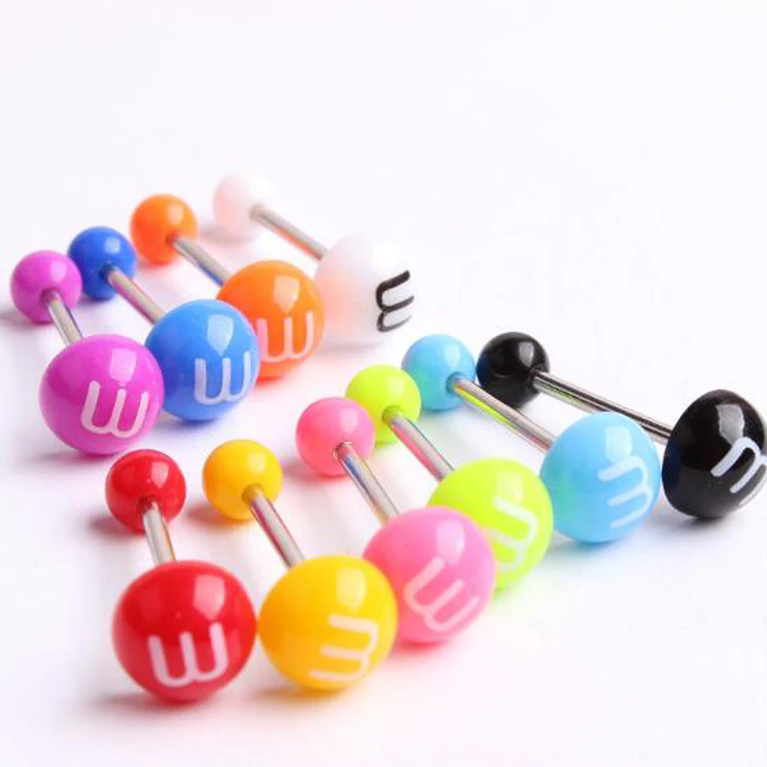 

2Piece 14G 1.6x16x6mm Stainless Steel Barbell Tongue Ring Cute Candy Color Acrylic M Tongue Nail Rings Body Piercing Jewelry