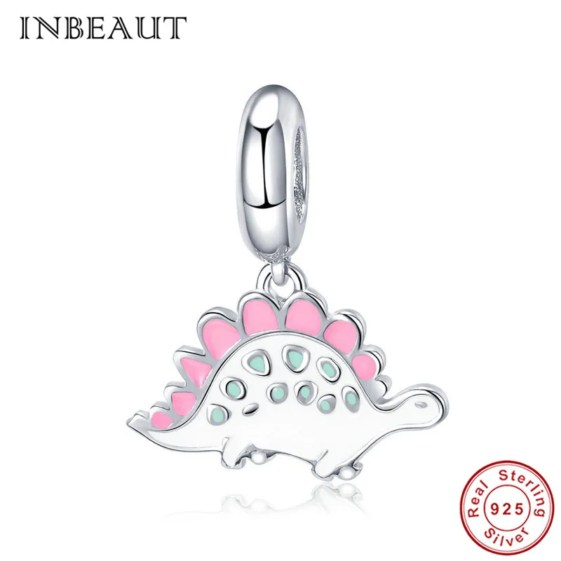 

INBEAUT Real 925 Sterling Silver Pink&Enamel Little Dinosaur Prehistoric Animal Charm Beads fit Pandora Bracelet Christmas Gift