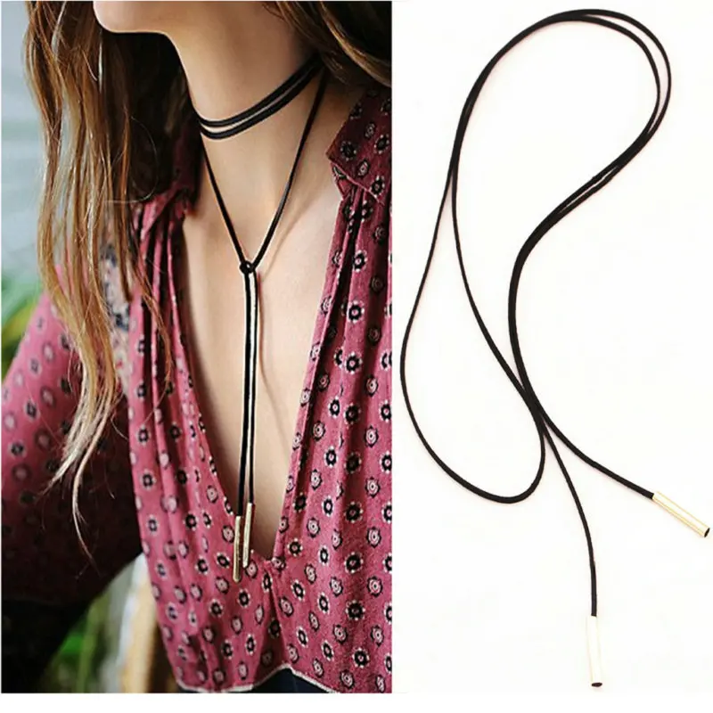 New Arrival Fashion Punk Style women Long Black Leather Rope Gold velvet choker Collar Necklace collier Bijoux | Украшения и