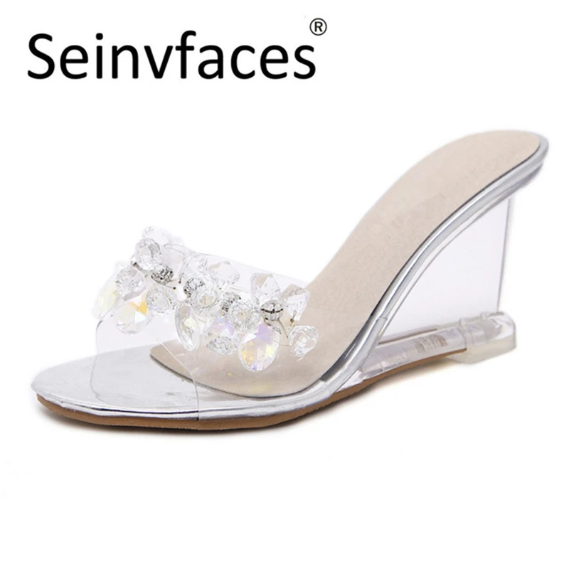 

Womens female summer style sweet rhinestone flower silver & gold crystal transparent wedegs high heels slides slippers shoes F38