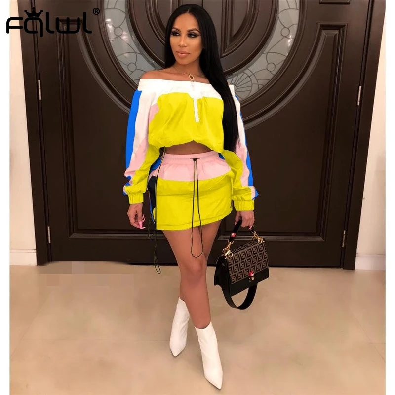 

FQLWL Casual Two Piece Set Summer Dress Women Long Sleeve Sexy Short Dress Patchwork Colorful Off Shoulder Club Party Dresses