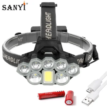 

Sanyi 2*XML T6+5*XPE+COB LED Headlamp Headlight 6 Lighting Modes Head Torch Flashlight By 2x18650 battery for Fishing Cycling