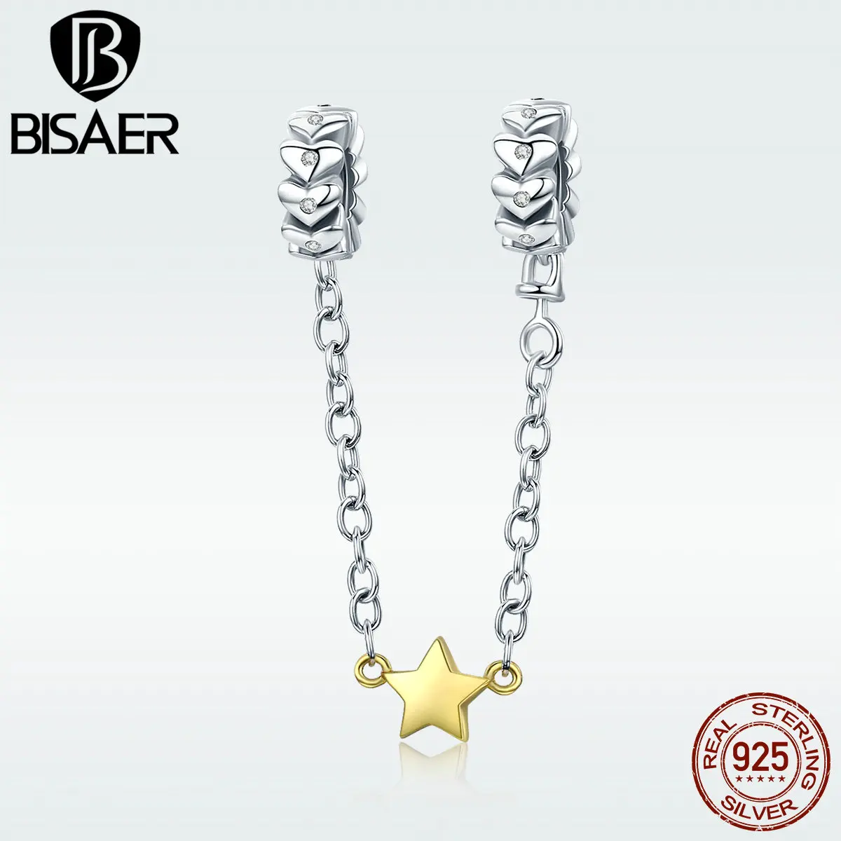 

BISAER 925 Sterling Silver Stackable Heart Gold Star Chain Stopper Charm Beads fit Charm Bracelet Silver 925 Jewelry GXC603