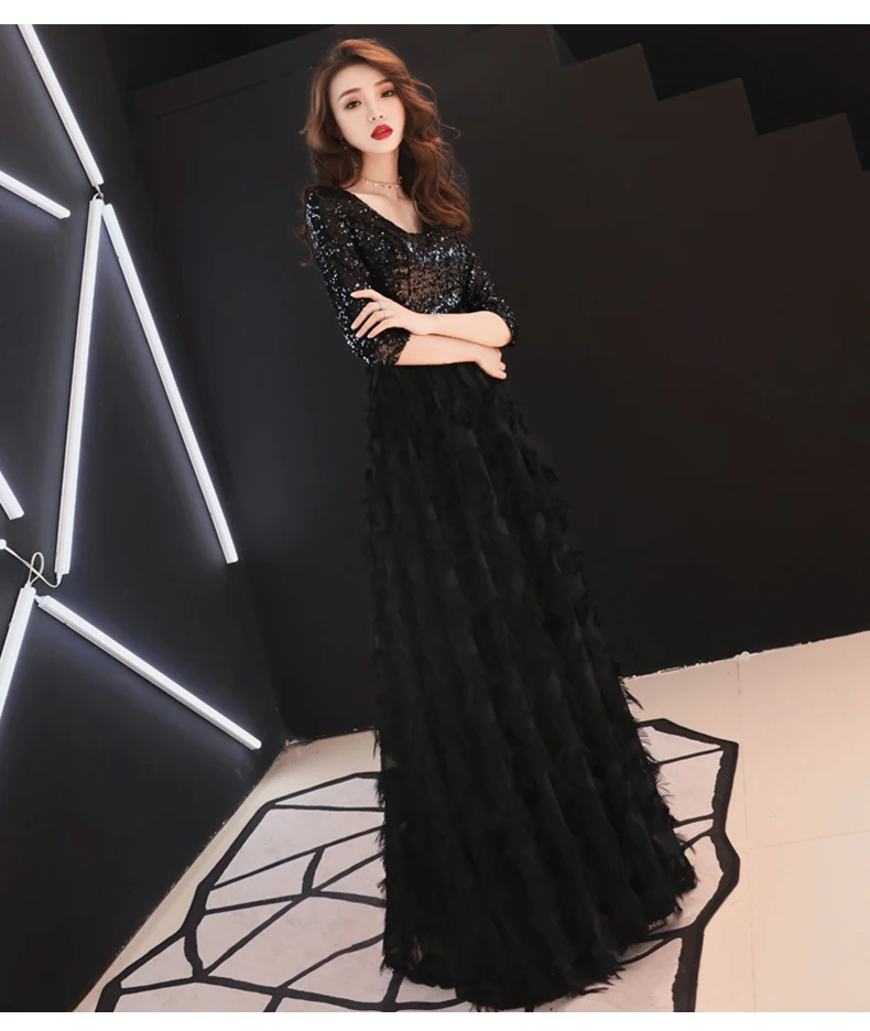 party gown weiyin Black Half Sleeves Backless A-line V-neck Zipper Draped Party Frocks Dresses Floor Length Evening Dresses WY951 petite formal dresses & gowns