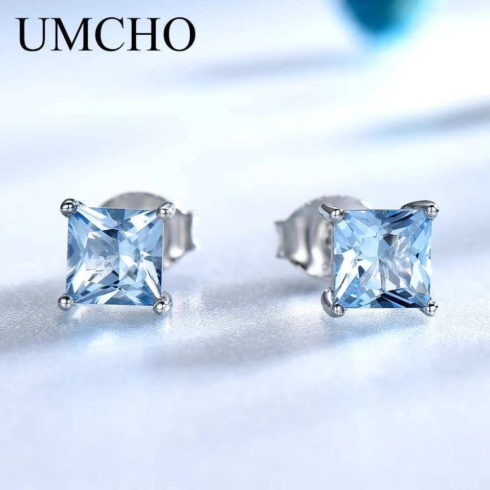 

UMCHO Real 925 Sterling Silver Stud Earrings for Women Princess-cut Sky Blue Topaz Earrings Fine Jewelry Blue Gemstone Gift New