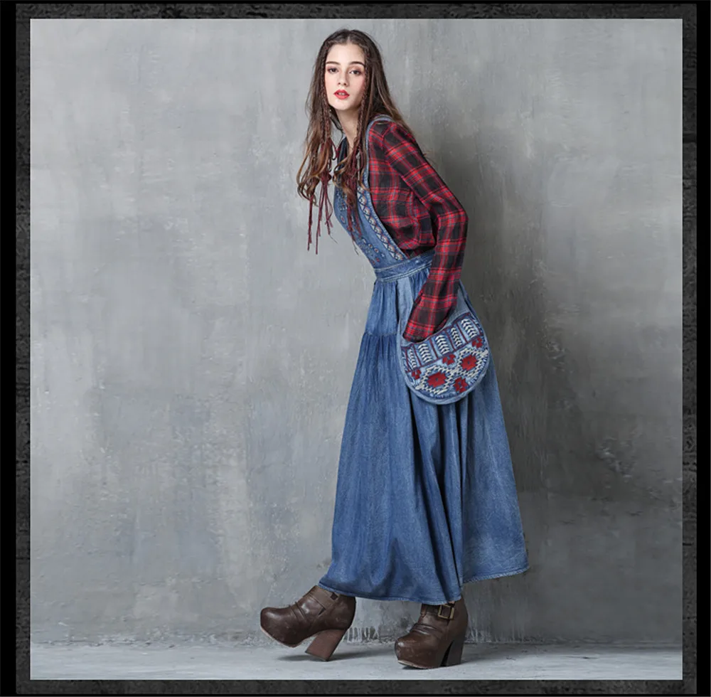 Vintage Autumn Dress Women 2017 Boho New Denim Vestidos Suspender Embroidery Patchwork Pocket Women long Dresses Vestido (14)