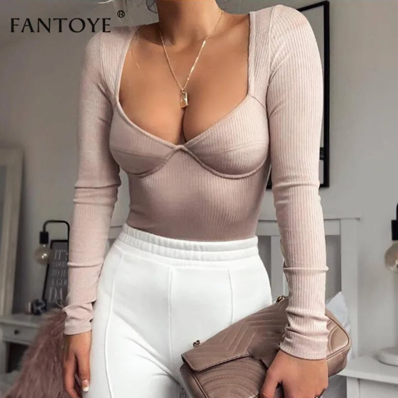 

Fantoye Cotton Ribbed Knitted Sexy Bodysuit Women Tops V Neck Long Sleeve Slim Rompers Womens Jumpsuit Casual Party Overalls