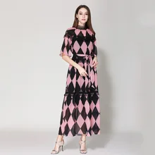 2019 Summer runways plaid pink dress Chic lace patchwork belt dress Fashion flare sleeves chiffon dress A314 2019 Summer runways plaid pink dress Chic lace patchwork belt dress Fashion flare sleeves chiffon dress A314