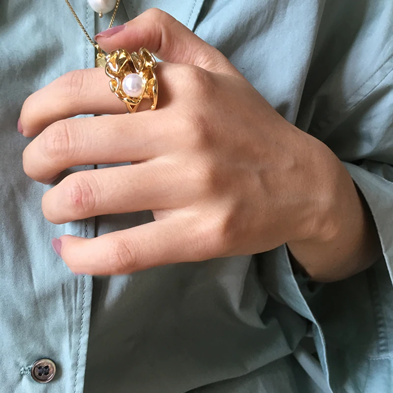 Peri'sBox, сморщенное Золотое кольцо с искусственным жемчугом для женщин, уникальный дизайн, массивные кольца в стиле «Бохо», ювелирные изделия знаменитостей
