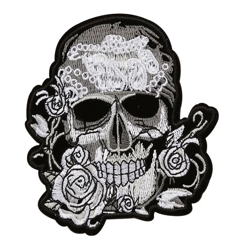 

Skull Flowers Embroidered Patches for Clothing Fusible Iron on Clothes Stripes Motorcycle Biker Garment Applique Stickers Badges