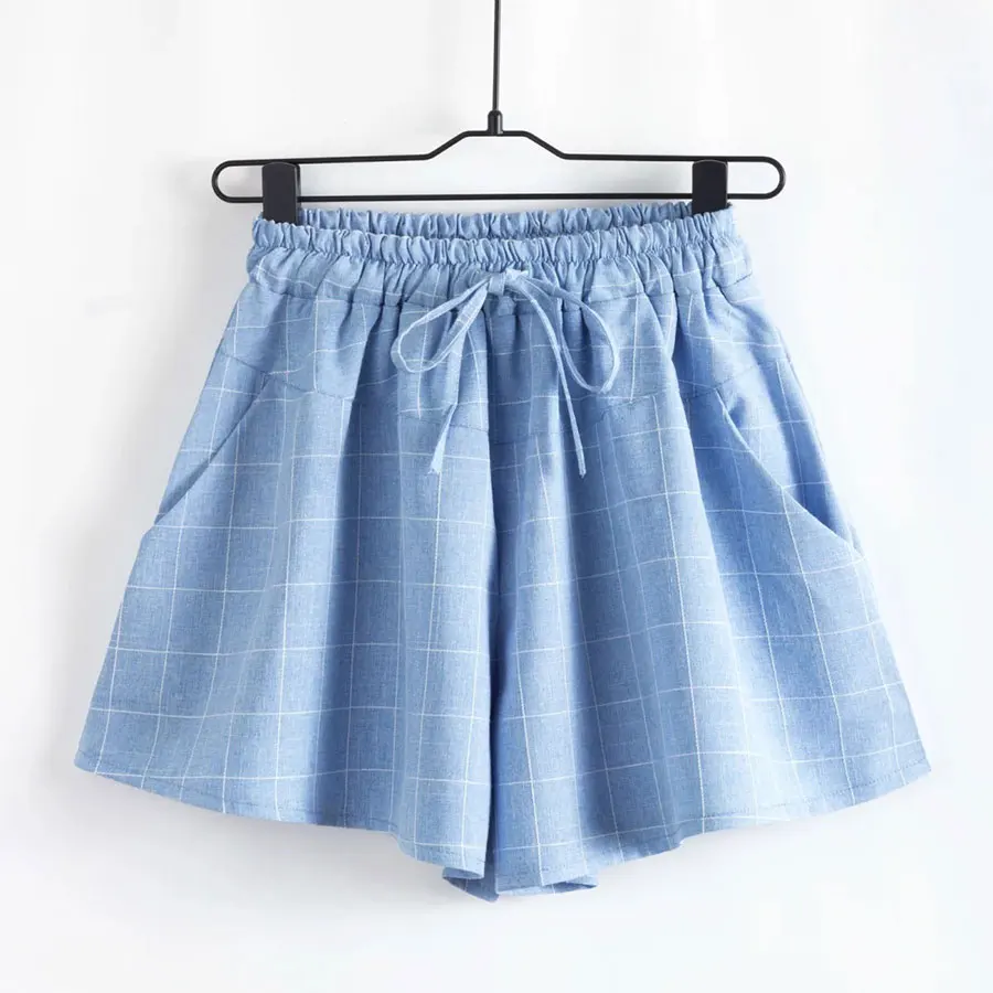 Women Shorts High Waist Knotted Elastic Waist Loose Wide