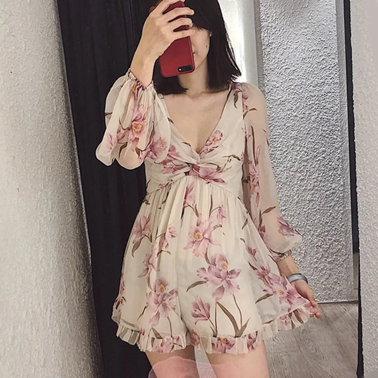

2019 New Orchid Fold V-neck Long Sleeve Silk Playsuit Women