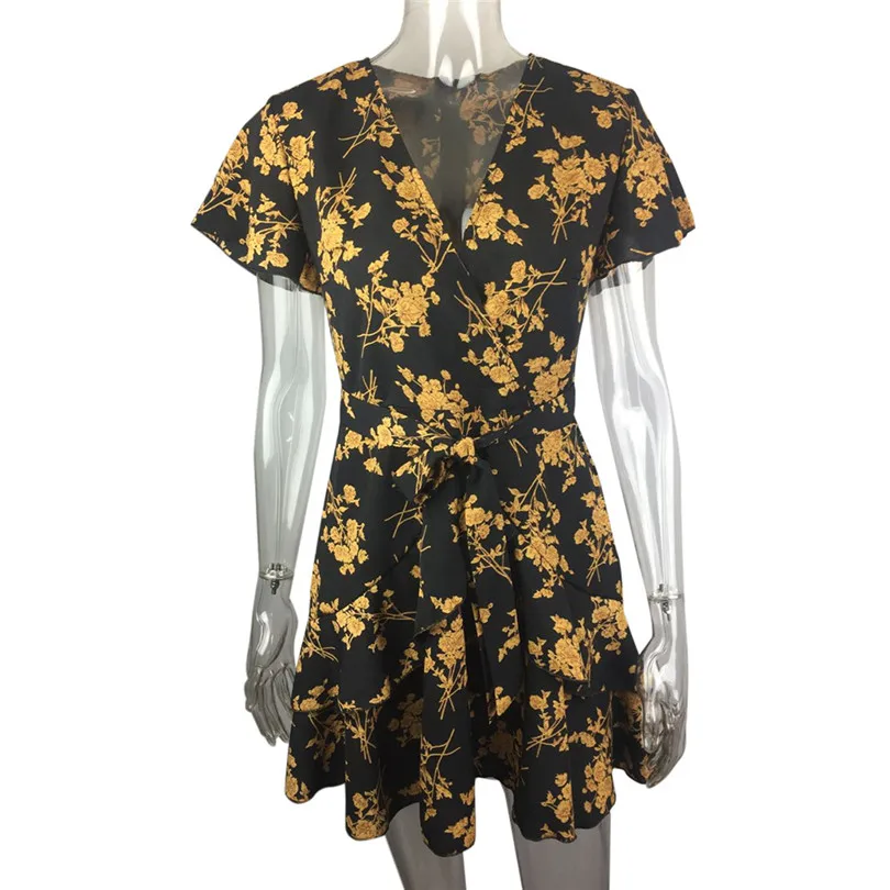  Women Summer Dress Boho Sexy Elegant Casual Floral Print V-Neck Bandage Mini Dress Ladies Sexy Party Dress #4A22 (14)