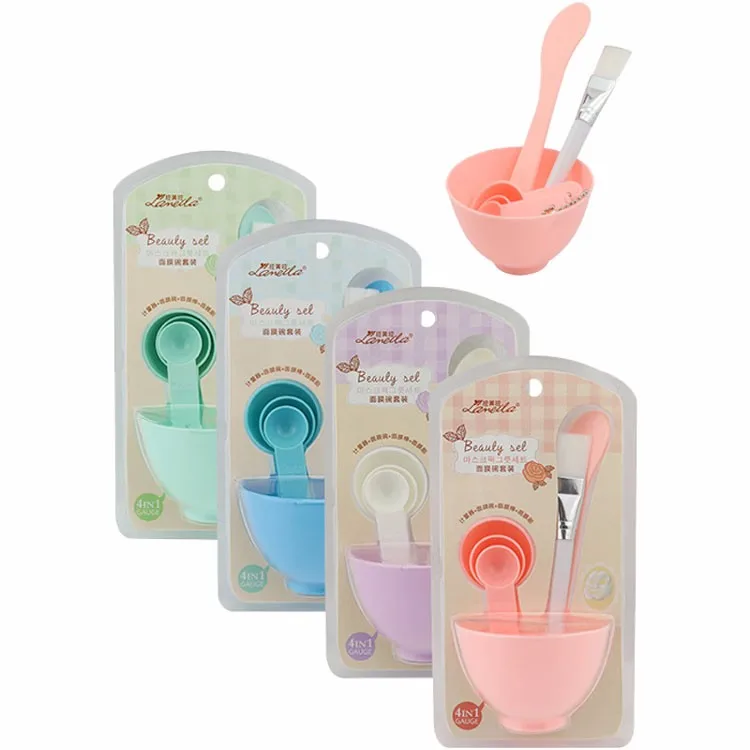 

Hot Sale Plastic 4 in 1 DIY Facial Beauty Mask Bowl Women Ladies Cosmetic Tool Mixing Spong Brush with Stick Brush Set