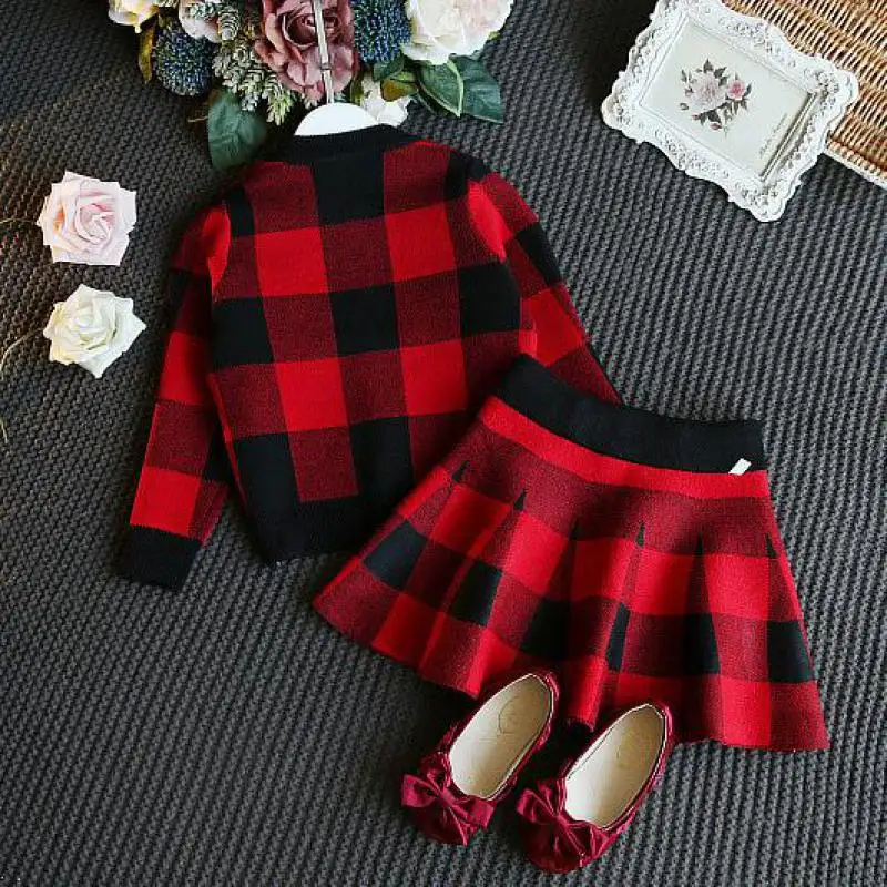 

New 2018 Children Clothes Sets Fashion Grid Shirt + Dress 2pcs Korean O-neck Kids Clothing Suits Baby Girls Sets free shipping