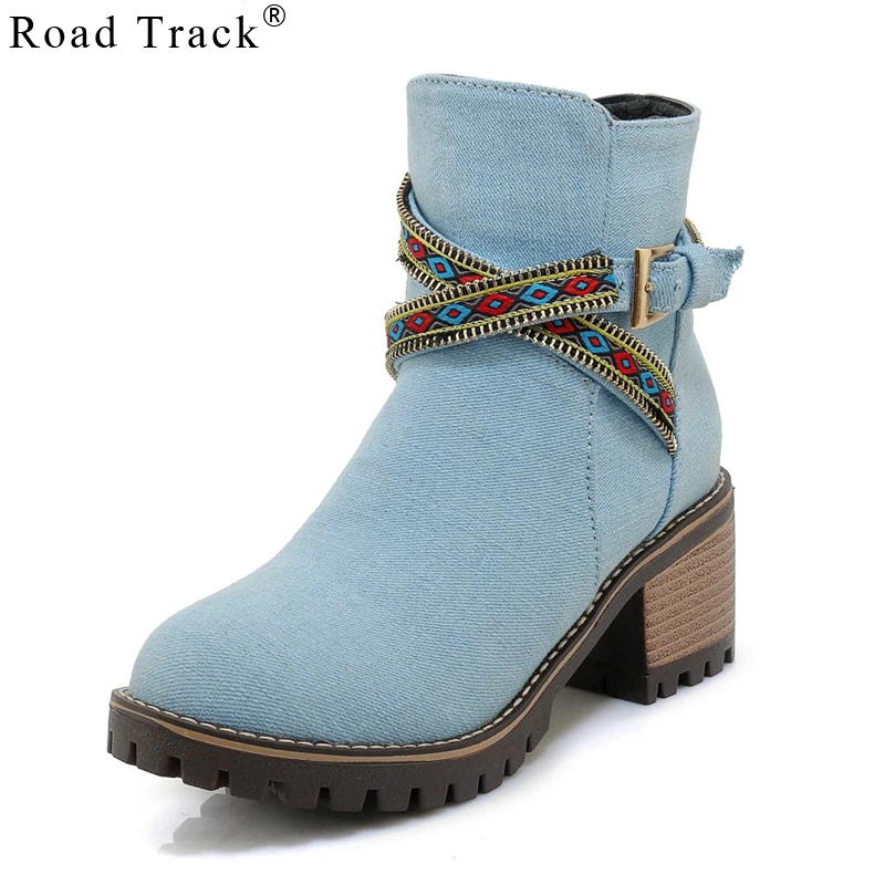 Road Track Women Winter Ankle Boots Round Toe Zipper Closure Buckle Decoration High Heel Shoes Denim Boot Female XWC2769-45 |