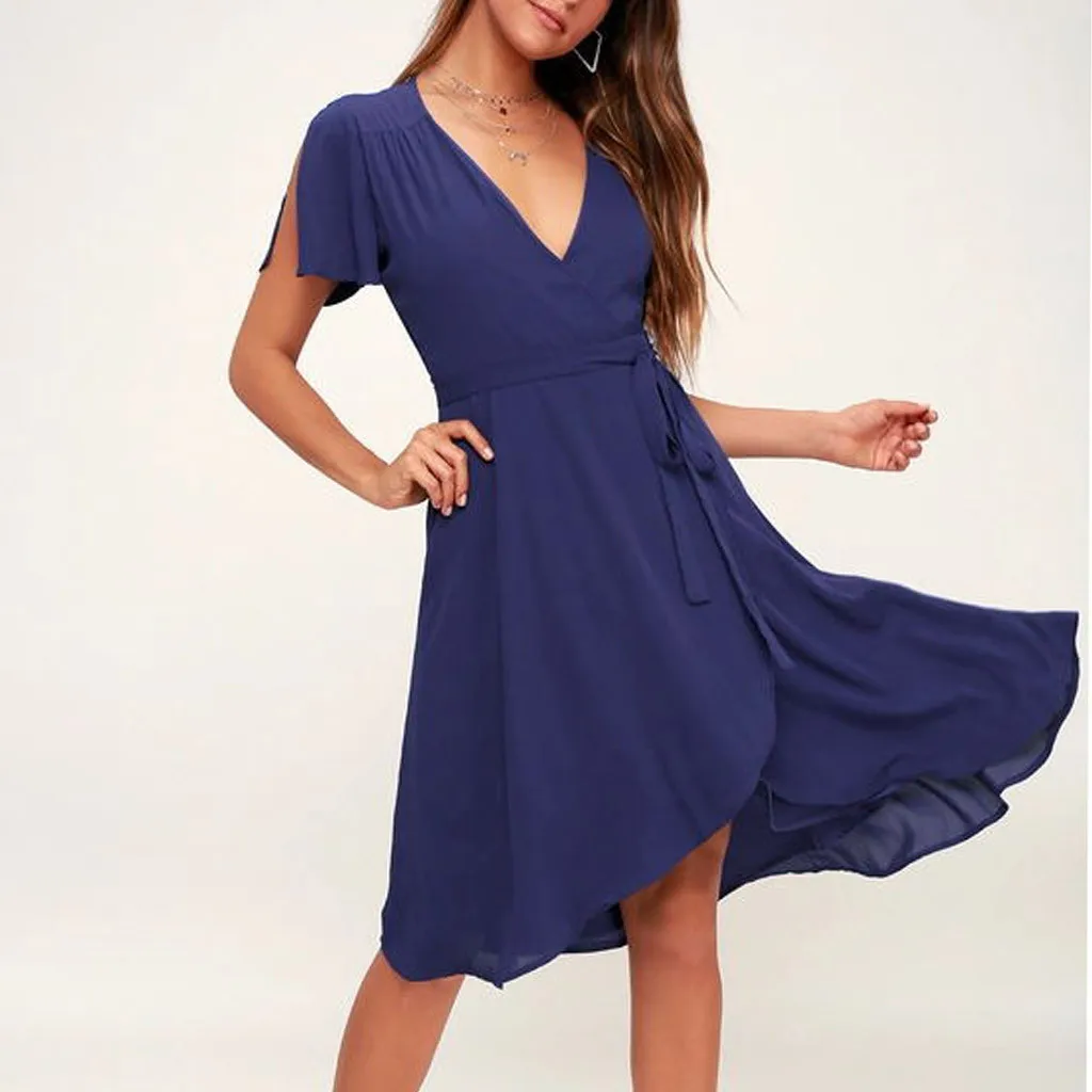 

JAYCOSIN Deep V Neck Solid Wrap Dress Casual Short Sleeve Irregular Summer Beach Dress Lace Up Bandage For Women dropshipping