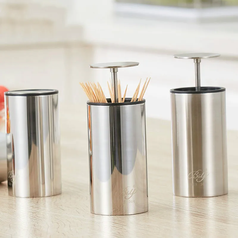 

Kitchen Bar Table Accessories Toothpick Holders Stainless Steel Automatic Portable Toothpick Box Barrels