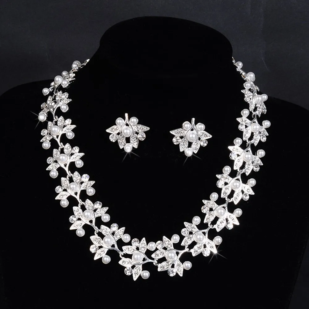 leaf flower links chain pearl necklace for women bridal jewelry set party silver plated wedding accessories opal jewels D032 (2)