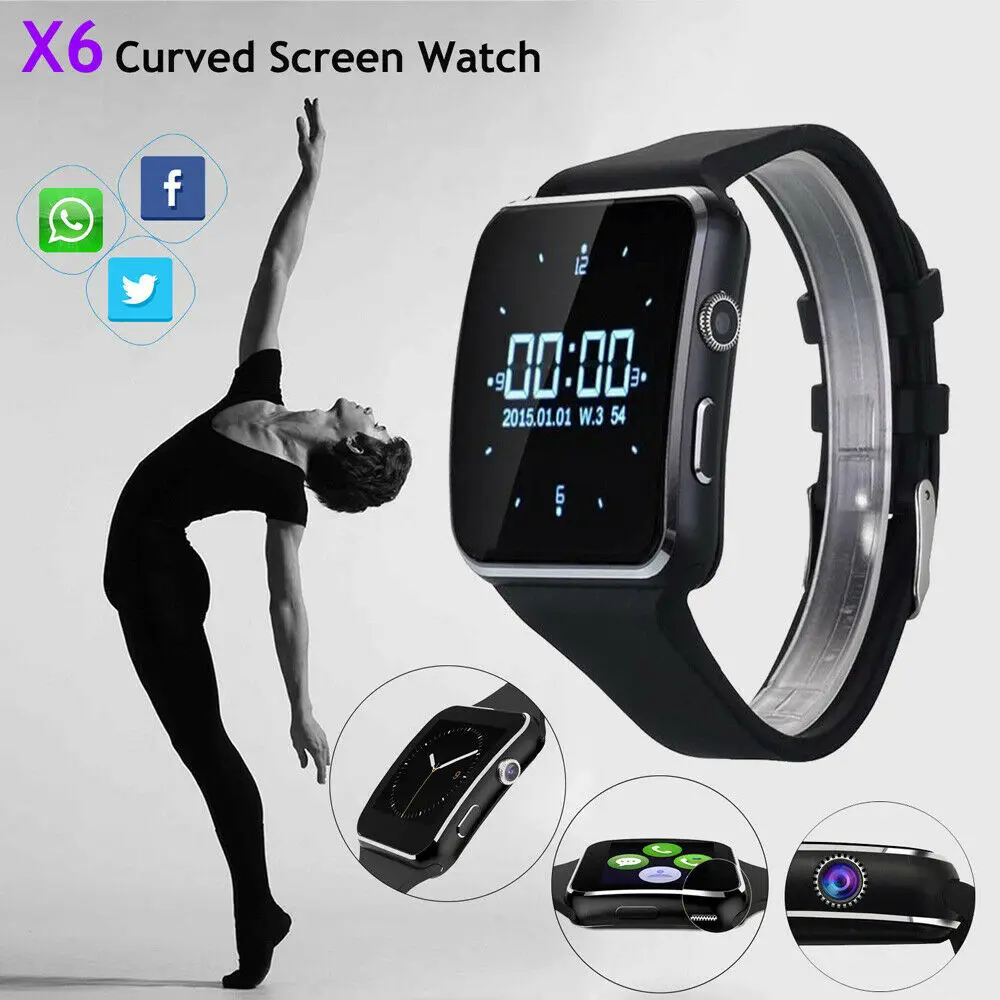 X6 изогнутый экран Bluetooth Smartwatch TF SIM Камера для мужчин и женщин Смарт часы для Android IOS iPhone samsung модные часы - Цвет: Черный