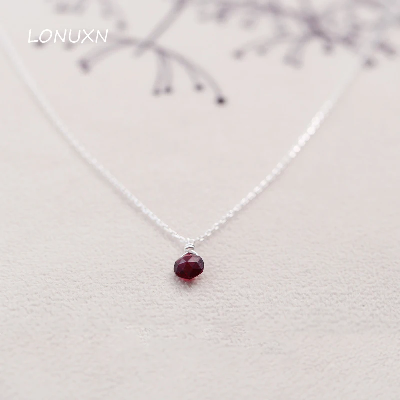 925 sterling silver, Garnet water drop Pendant,red necklace, simple short chain Natural semi precious stone female lovers gift