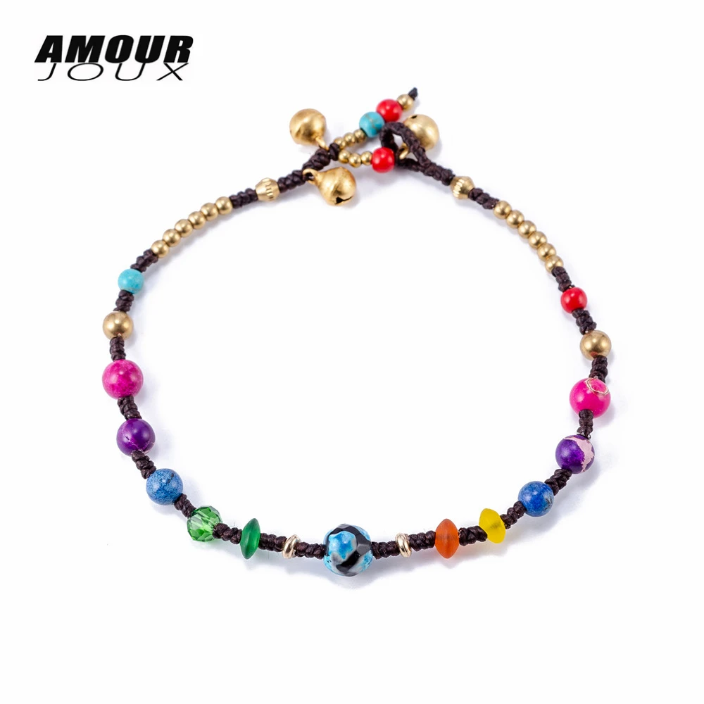 

AMOURJOUX Vintage Colorful Natural Stone Bead Wax Rope Chain Anklet For Women Gypsy Style Ankle Bracelet enkelbandje