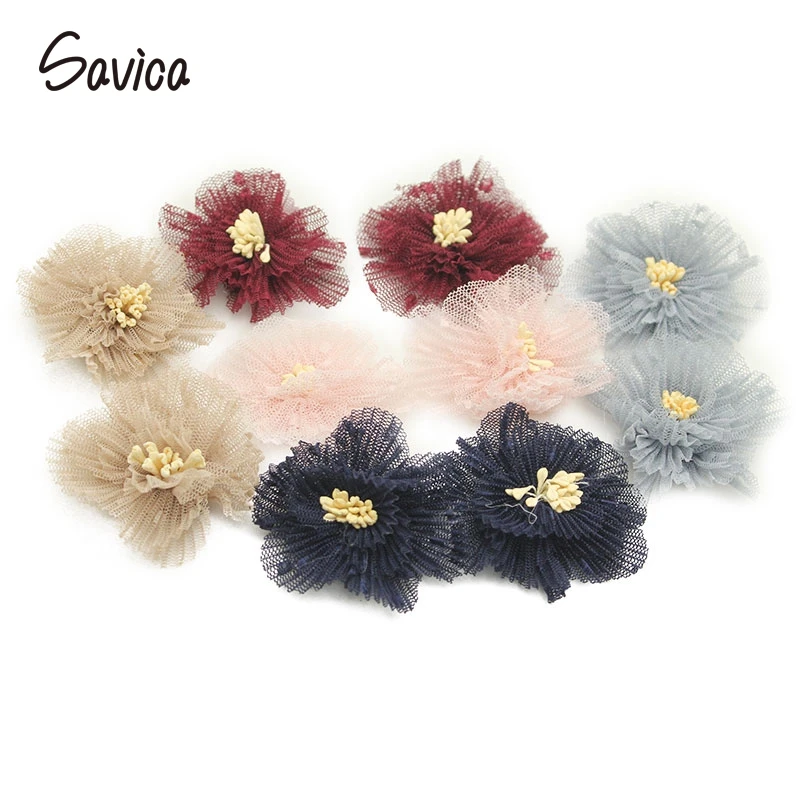 

Savica 5pcs 6cm Artificial Flowers Mesh Fabric For Garment Headdress Wedding Decor DIY Scrapbook Crafts Flores Accessories LX679