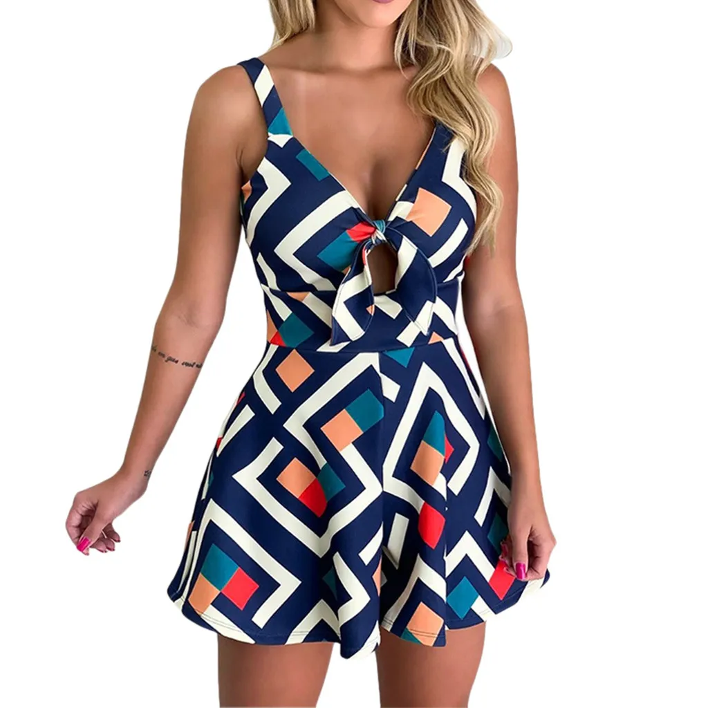 

Women Jumpsuit Fashion Bodysuit Overalls for women Print Strap Playsuits Chest Bow Tie Hollow Loose Short combinaison femme