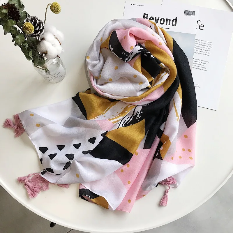 

2019 Cotton Geometry Print Tassel Scarves And Shawls Long Polka Dot Print Wrap Hijab Scarf Wholesale 10pcs/lot Free Shipping