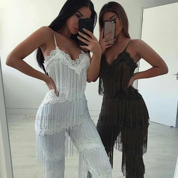 

2019 sexy tassel jumpsuit women olive green black white spaghetti strap celebrity runway jumpsuits backless deep v neck romper