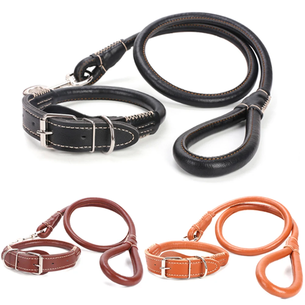 Thick PU Leather Dog Collar and Leash Set Round Strong Pet Walking
