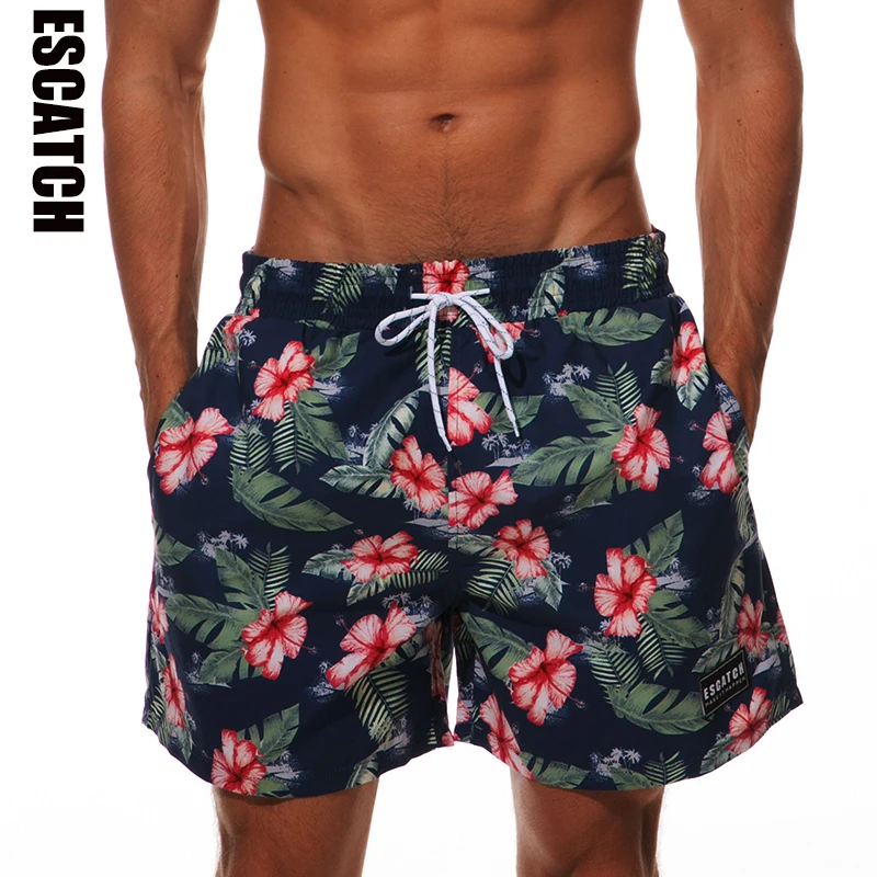 Brand Escatch Board Shorts Men Swimwear Quick Dry Flower Sport Plus