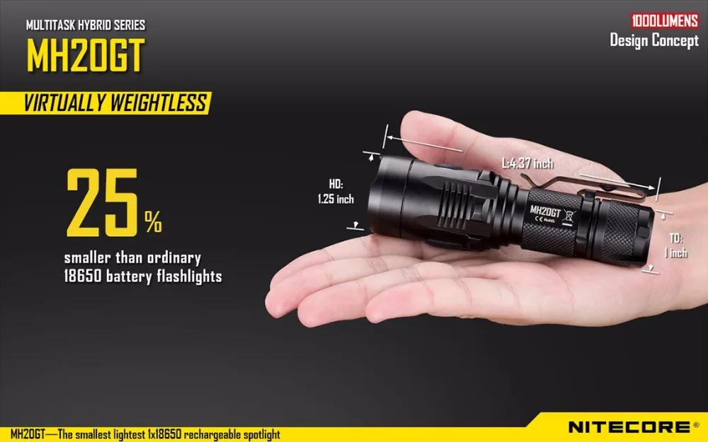 NITECORE MH20GT USB Перезаряжаемый фонарик CREE XP-L HI V3 max 1000 люмен расстояние луча 362 м уличный фонарик ручной фонарь