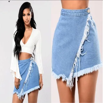 

Summer Tassel A-Line Denim Skirts for Women 2019 New Fashion Irregular High Waist Mini Button Skirt Female Casual Jean Skirt