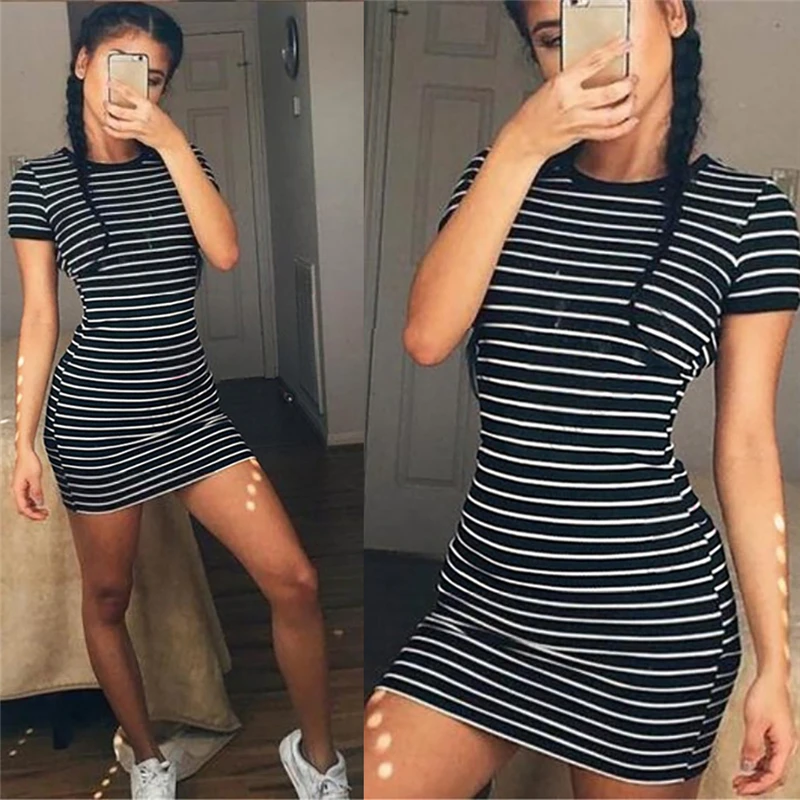 

Enough Stock Summer autumn Round Neck long Short sleeved Dress Black And White Striped Dresses Casual Elegant Sheath Slim Dress