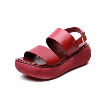 

SONDR shoes women summer platform wedges sandals retro ethnic genuine leathe womens shoe shallow open toe heels buckle sandalias