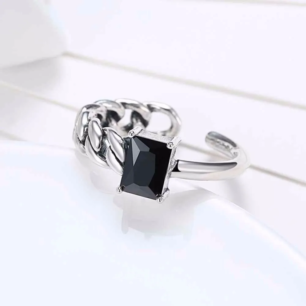Solid 925 Sterling Silver Adjustable Ring Braided Rope Shape Black Zircon Fashion OL Jewelry Rings For Women (JewelOra RI102614)