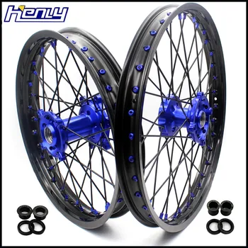 

21/19 MX Spoked Motorcycles Wheels Rims Set for KAWASAKI KX125 KX250 2006-2007 Black Spoke Blue Nipple