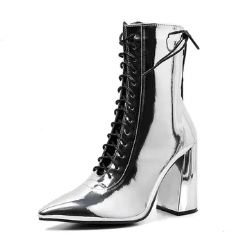

High Heel Boots Fashion Silver Patent Leather Women Ankle Boots Pointed Toe Sexy Cross-tied Women Pumps Chelsea Boots Shoes