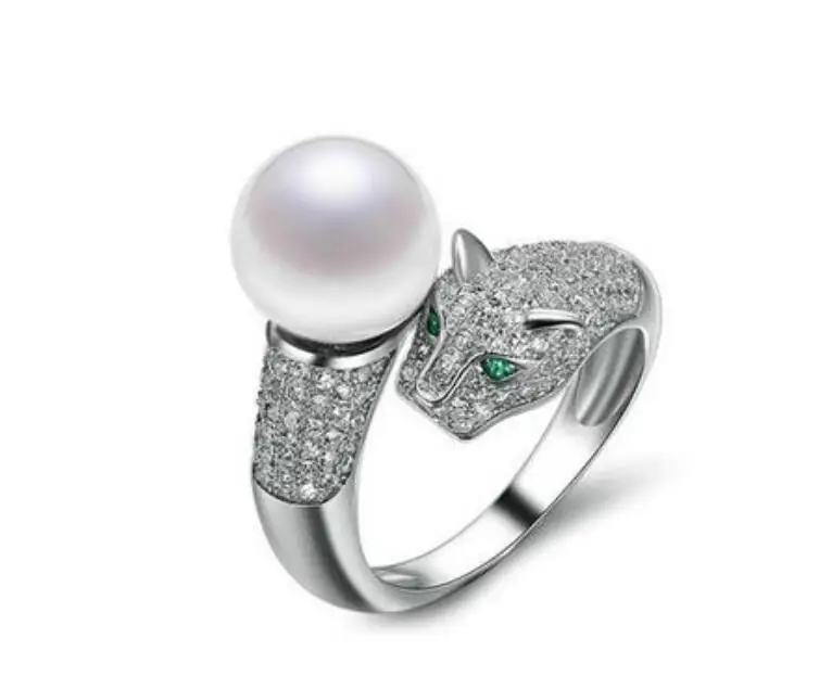 

25 silver inlaid zircon Leopard head natural pearl opening ring finger Lovely Women's Wedding RINGS female simplicity original
