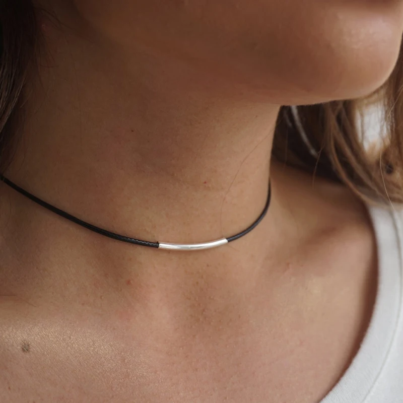 Single Leather Cord Choker, Black Choker Necklace Gift XL834in Choker