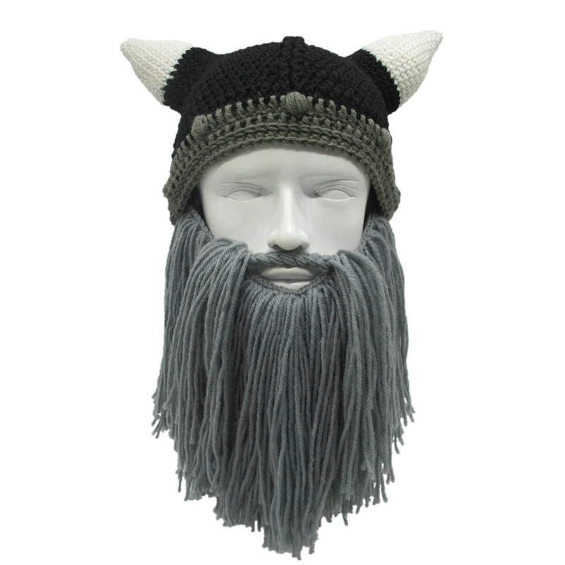 Handmade Wig Beard Viking Beanies Hat Horn Winter Cap For Men Crochet Dad Hat Winter Male Cap Halloween Gifts Party Cap SKullcap