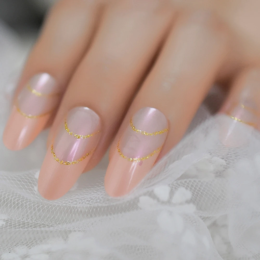

Oval Long French Glitter Nails Nude Pink Double-Layer Glitter Fake Nails Transparent Gorgeous Acrylic Press On Nails