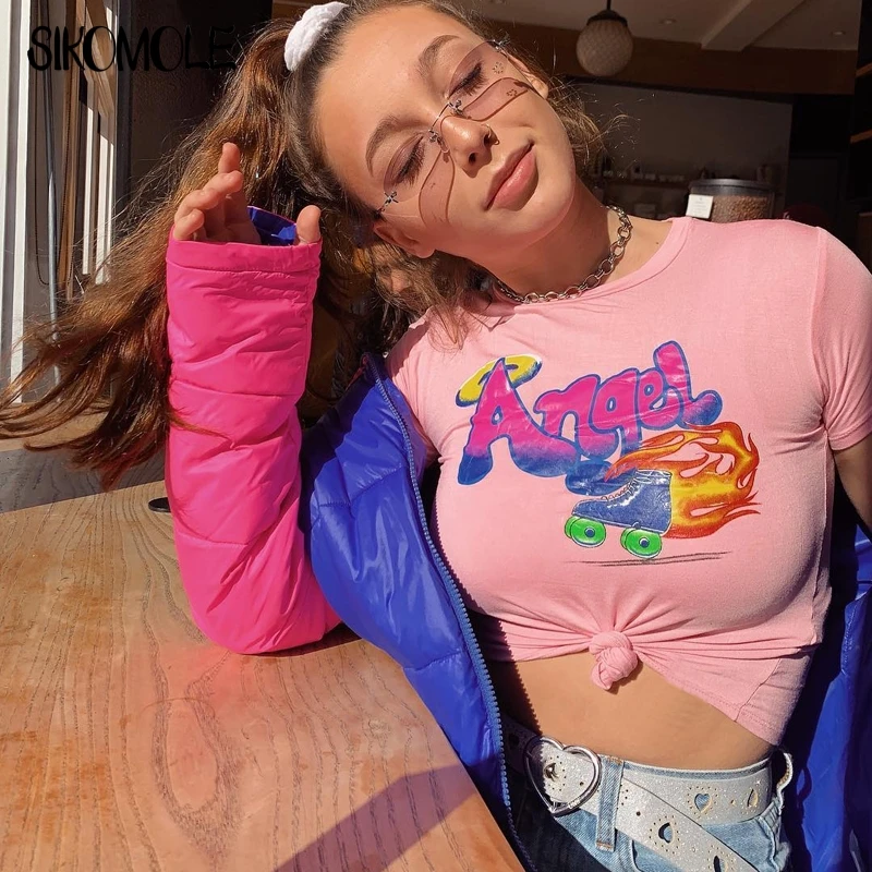 

2019 Summer New Hot Women Sexy Letter Print Pink Slim Fit Short T-shirts INS Fashion Casual All-match Ladies' Crop Tops F4