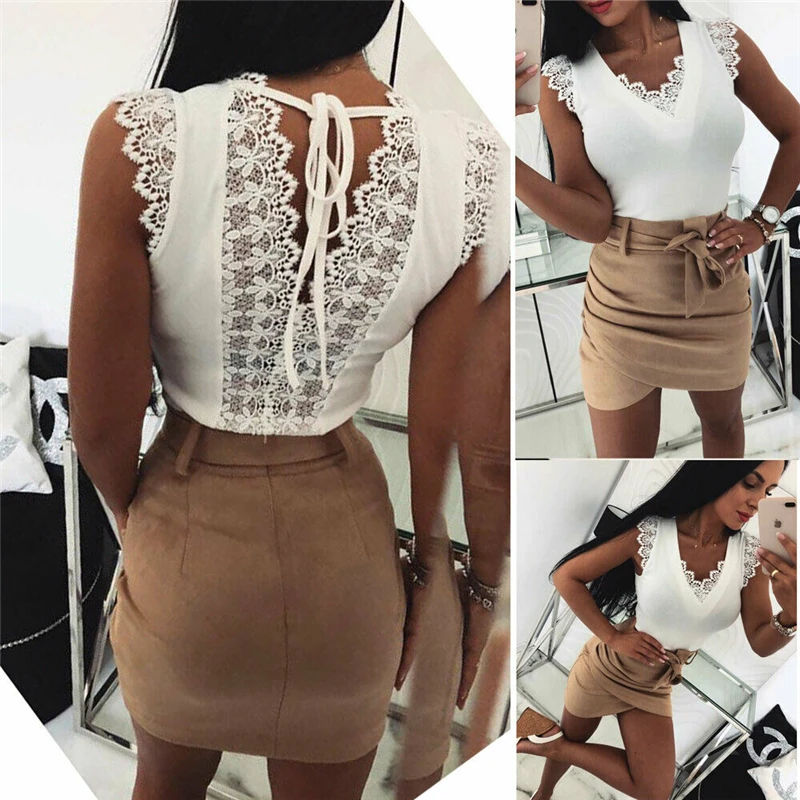 

Womens Tanks Top V-Neck Lace T-shirt Blouse Ladies Summer Sleeveless Sexy Vest Camisole White and Black Fashion Clothing 2019