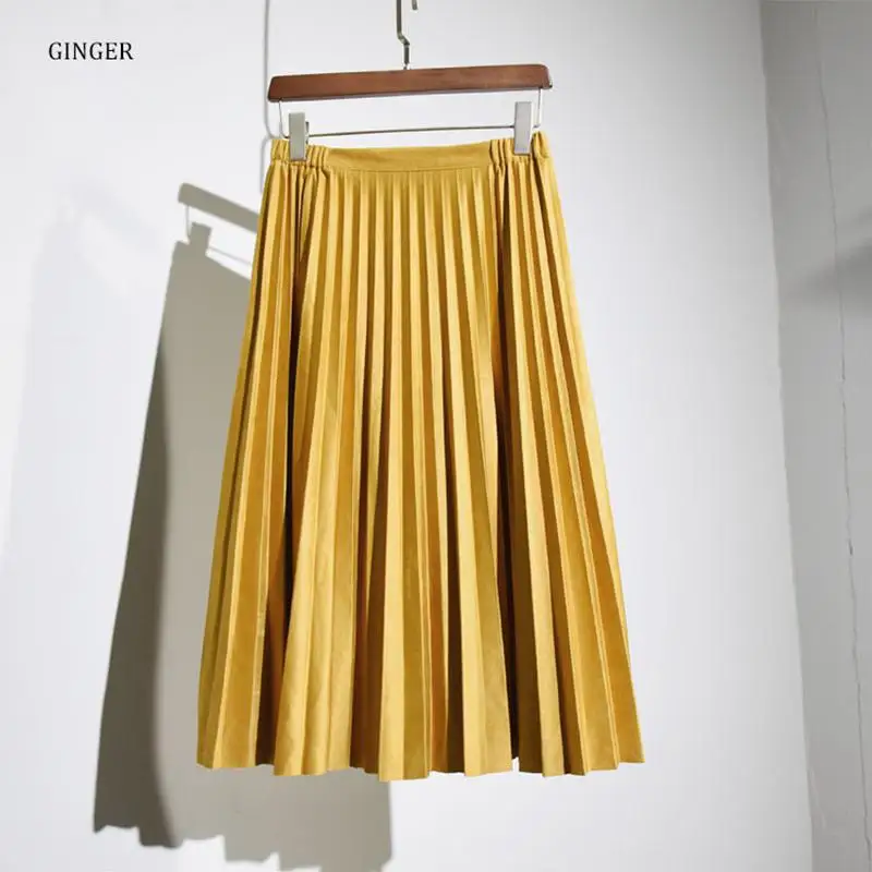 Женская элегантная миди-юбка с высокой талией Женские винтажные плиссированные юбки с эластичной талией из полиэстера и замши 8 цветов SK55 - Цвет: Ginger