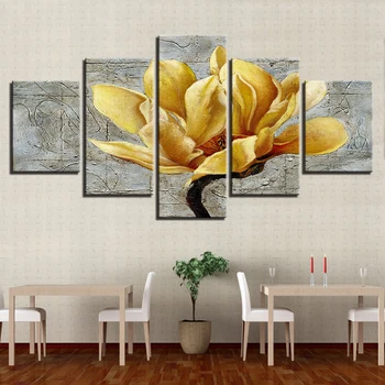 

5 Pieces Golden Yellow Flowers Paintings Gold Orchid Posters Living Room Wall Art Unframed